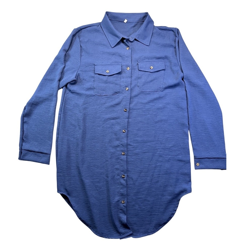 Womens Button-Down Long Sleeve Swim Cover-Up Lightweight Pockets‎ & Blue Medium
